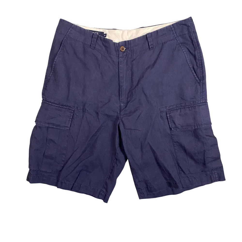 Lincs David Chu Mens Navy Blue 100% Linen Cargo Shorts Size 34 Utility Summer